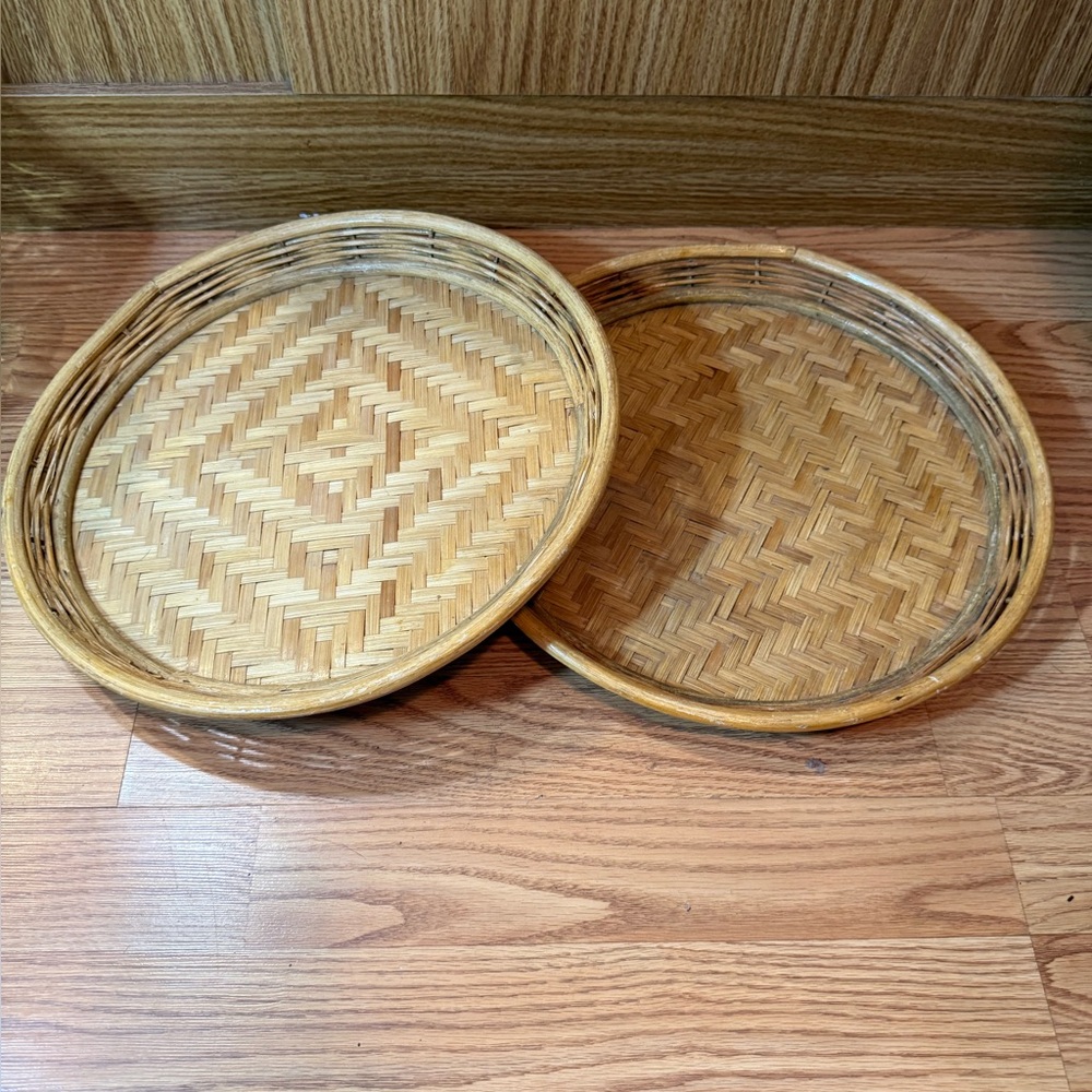 2 Handwoven Bamboo Trays for serving snacks,displaying fruit,or home decor.